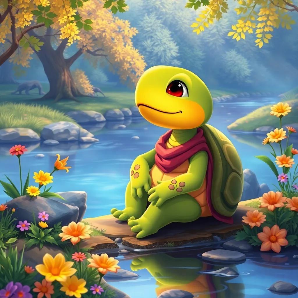 Tula the turtle happily reflecting on her flying adventure, sitting with her friends by a river, surrounded by beautiful nature and bright flowers, illustration, thoughtful atmosphere, colorful, high quality