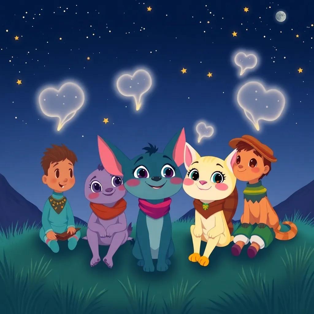 Tula and her friends planning their next adventure under the stars, with dreams in their eyes and smiles on their faces, peaceful night sky, illustration, whimsical scene, vibrant colors, high quality