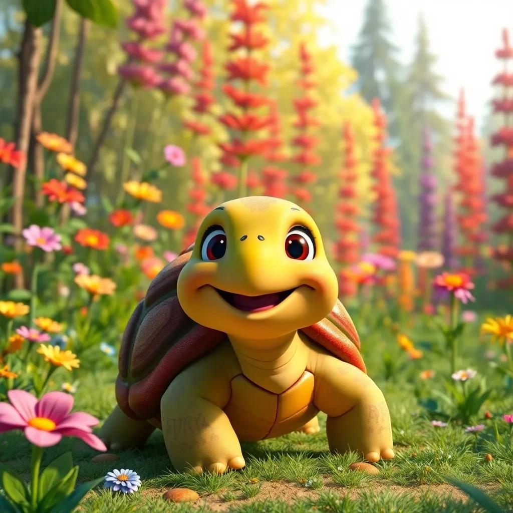 A turtle named Tula, in a vibrant forest with colorful flowers and tall trees, smiling joyfully, surrounded by her friends, digital art, cheerful atmosphere, bright colors, high-quality