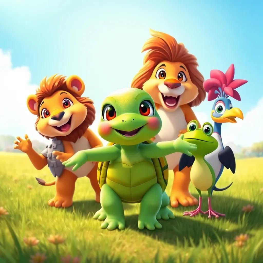 Tula the turtle with her friends Leo the lion, Rina the frog and Pipo the bird, gathered together in a bright clearing, excited for the race, illustrated scene, joyful expressions, colorful details, high-quality