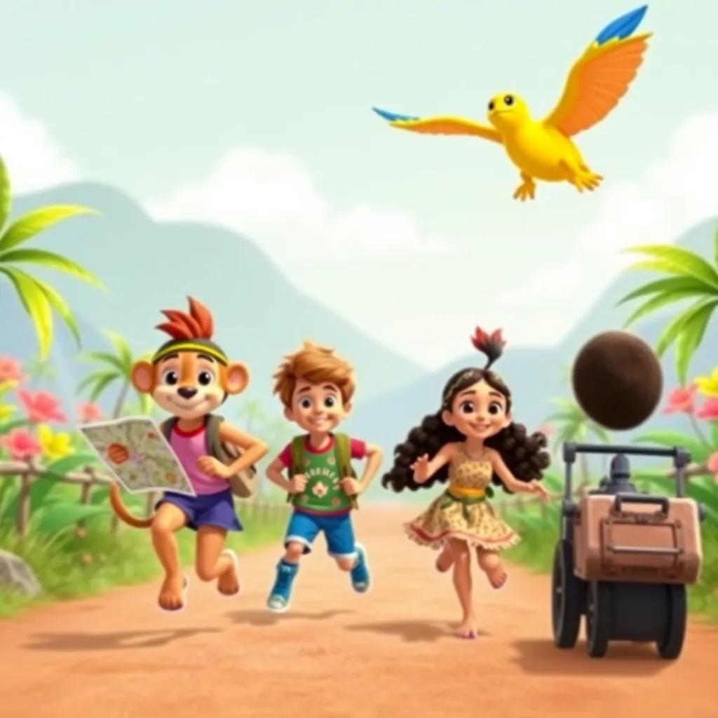 The start of the race with Tula holding a map, Leo ready to run, Rina preparing to jump, and Pipo soaring in the sky, animated style, colorful backdrop, friendly vibe, high-quality
