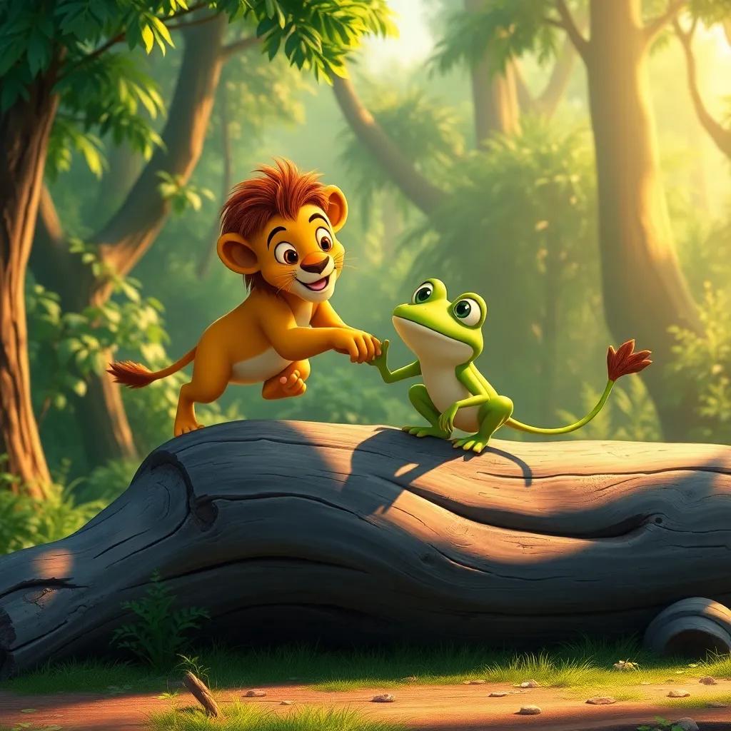 Leo the lion helping Rina the frog jump over a big log, showing teamwork in action, lush green forest background, playful atmosphere, warm lighting, high-quality