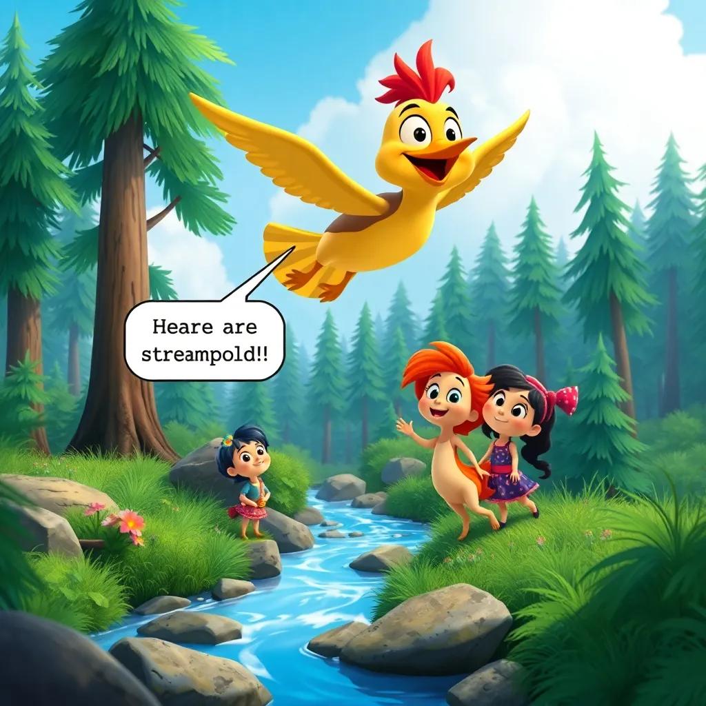 Pipo the bird flying above Tula and her friends, pointing out a stream ahead, encouraging teamwork, picturesque forest scene, bright colors, engaging scene, high-quality