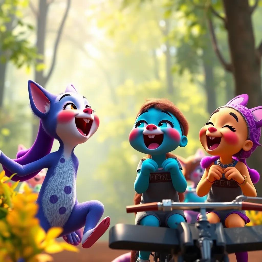 Tula and her friends happily singing and laughing together during the race, capturing the joy of friendship, colorful forest details, bright and uplifting, high-quality