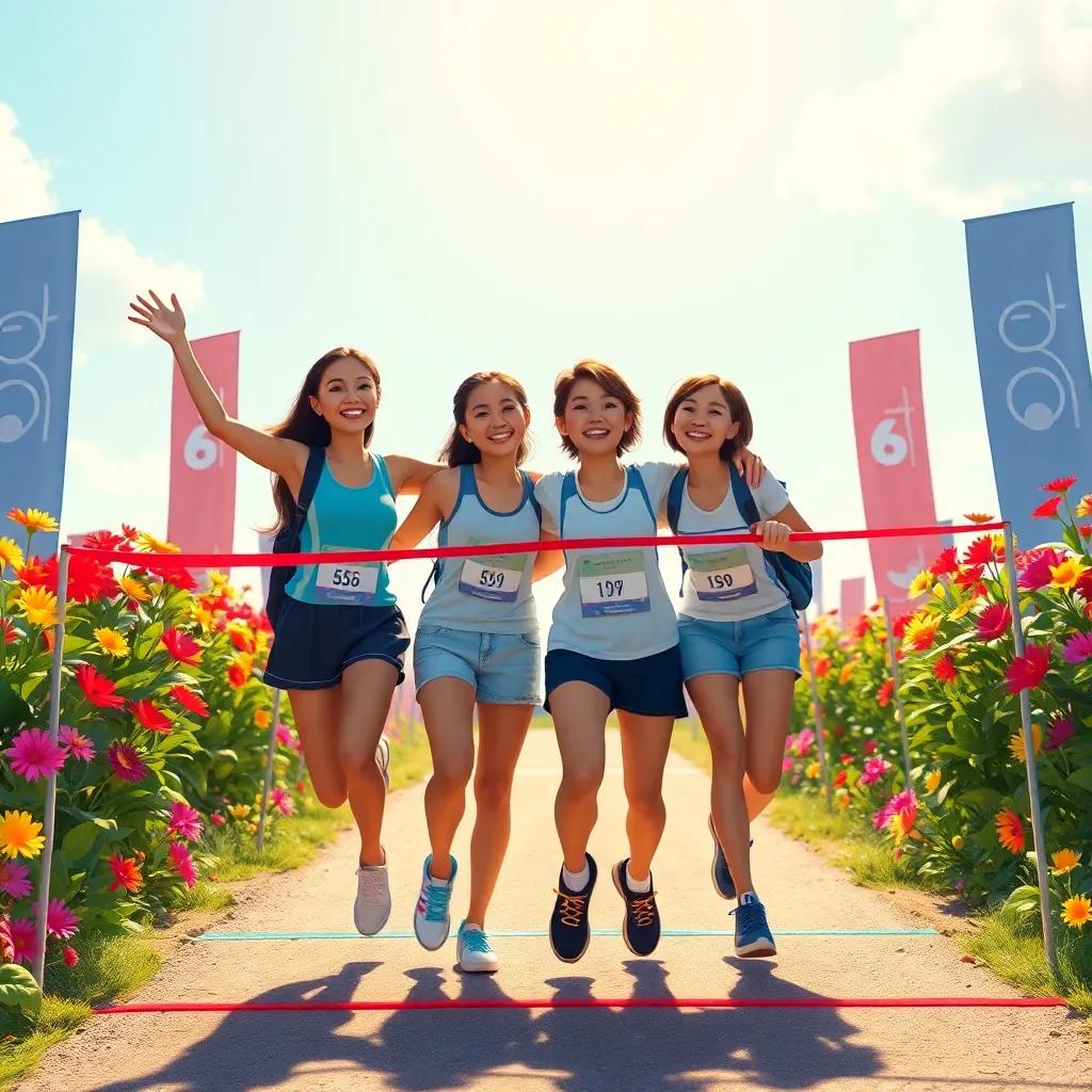 The friends reaching the finish line together, smiling and embracing each other, celebrating their teamwork, surrounded by colorful flowers and sunlight, joyful vibes, high-quality