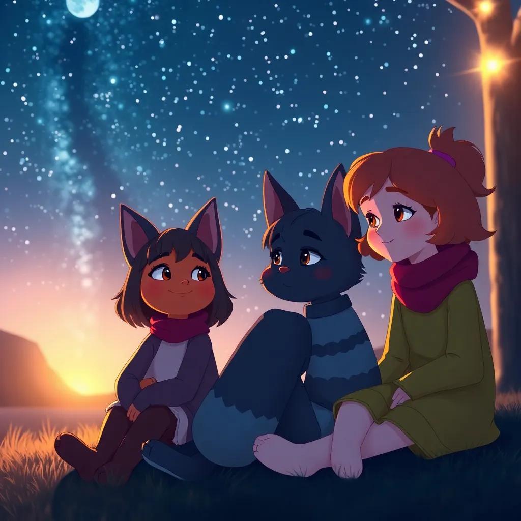 Tula and her friends sitting under the starry night sky, reflecting on their wonderful day, cozy atmosphere, warm colors, heartfelt moment, high-quality