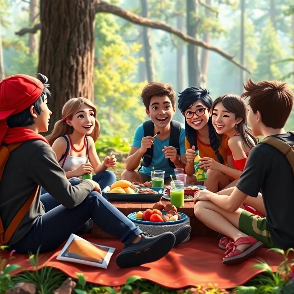 The group of friends enjoying a picnic after the race, sharing snacks and stories, vibrant forest setting, happy expressions, colorful spread, high-quality