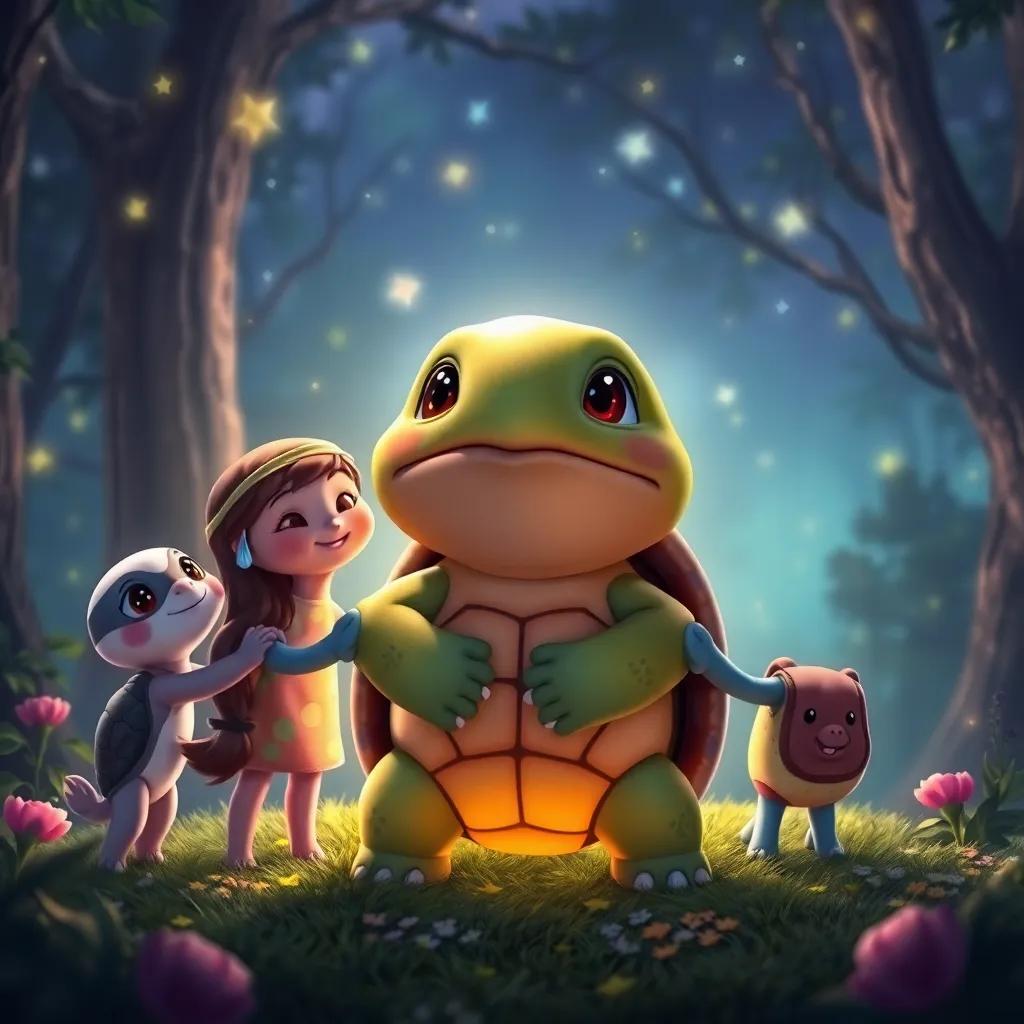 Tula the turtle with her friends around her, holding hands under the stars, representing their strong friendship, magical forest background, gentle lighting, heartwarming scene, high-quality
