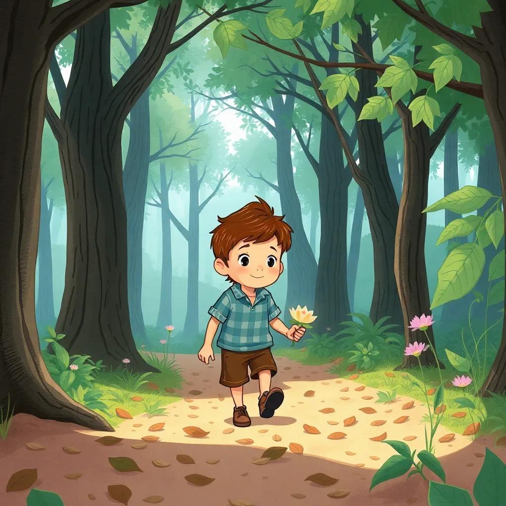 Alfredo, un niño con cabello castaño, caminando por un bosque con árboles altos y un suelo cubierto de hojas, descubriendo una flor marchita, con una expresión de ternura y compasión, ilustración mágica, tonos suaves, vista cercana, alta calidad