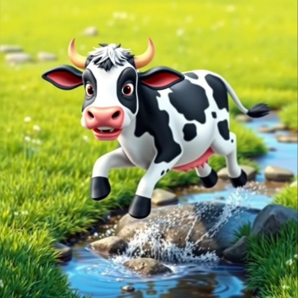 A curious cow, Clara, with a white and black spotted coat, happily jumping over a stream in a bright green meadow, digital art, vivid colors, joyful atmosphere, high quality.