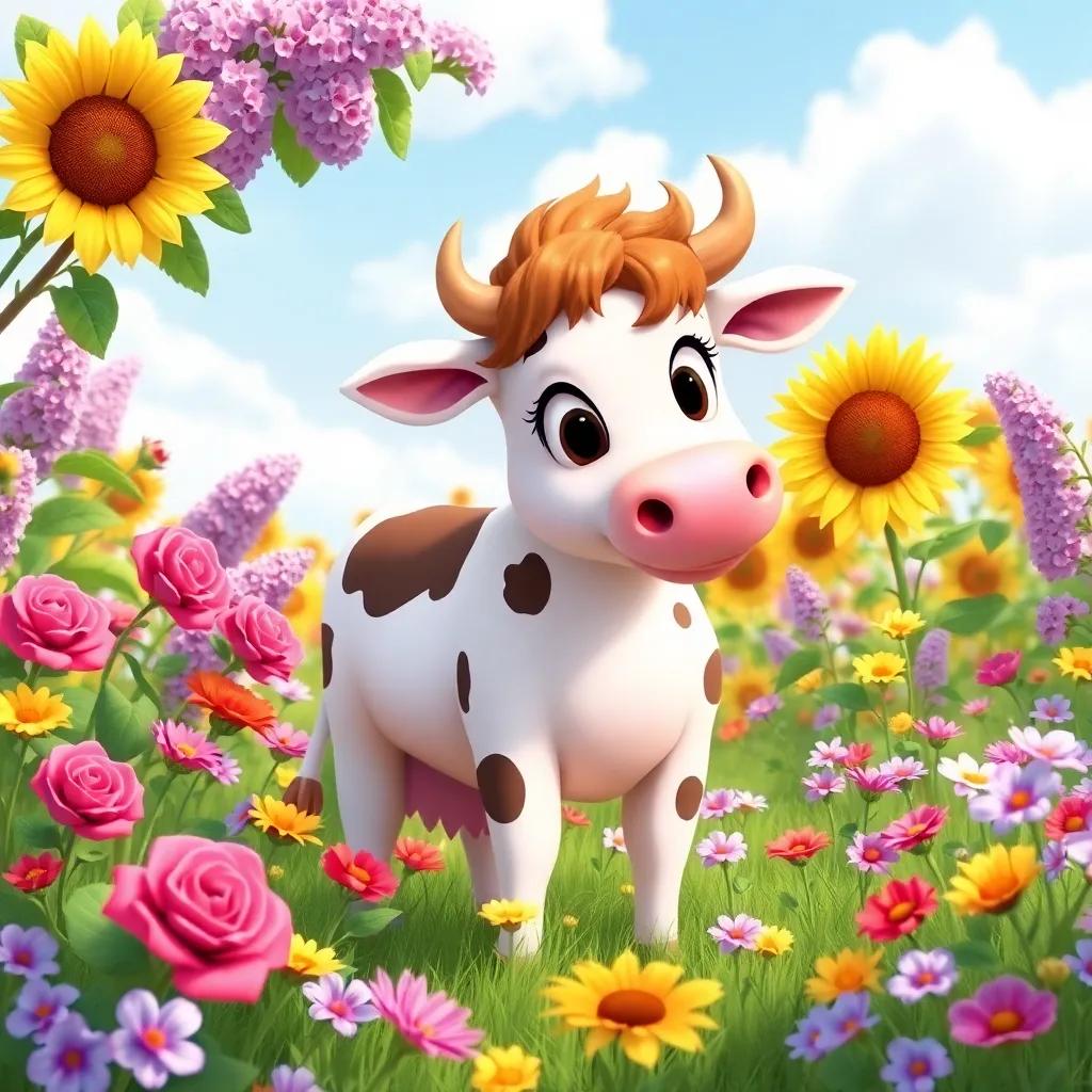 Clara the cow standing in a field of colorful flowers, with roses, lilacs, and sunflowers swaying in the wind, illustration, cheerful, nature-filled, child-friendly.