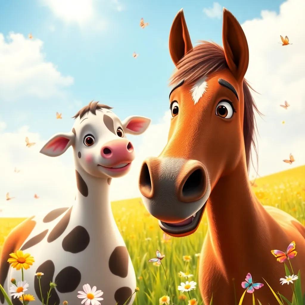 A friendly brown horse, Carlos, with shining eyes, greeting Clara the cow in a sunny field, surrounded by butterflies, colorful, bright light, joyful and welcoming, high quality.