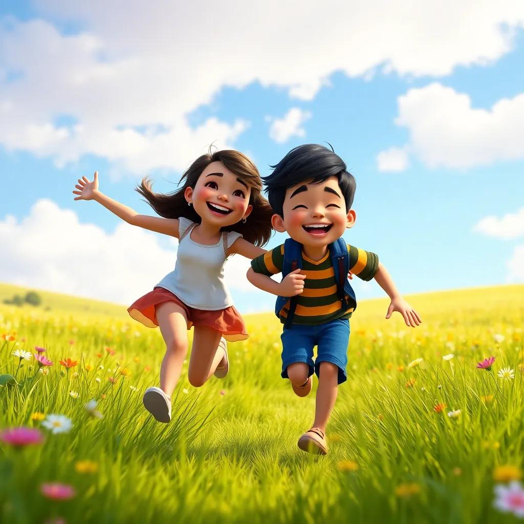 Clara and Carlos playing together, running through the meadows, laughing and enjoying the freedom of the outdoors, vibrant colors, cheerful scenery, playful vibe.