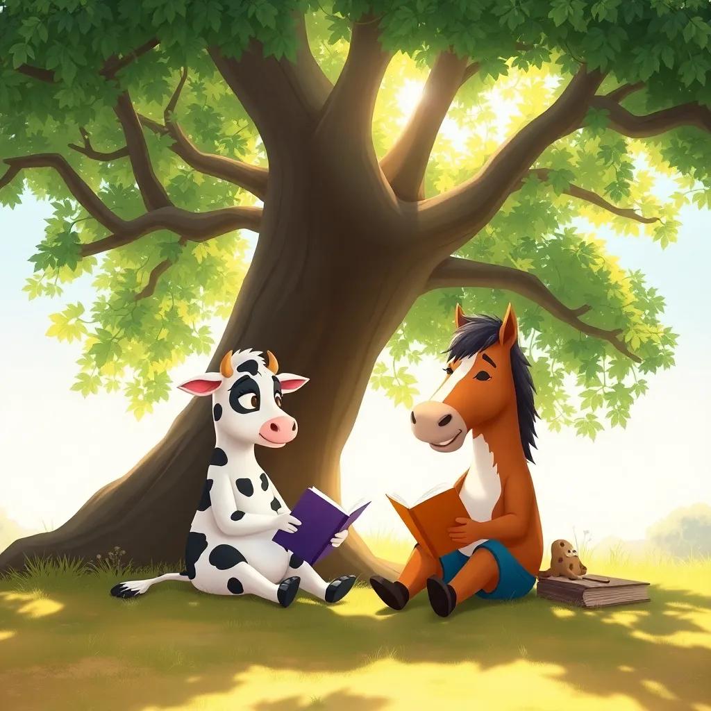 Clara the cow and Carlos the horse sitting under a big tree, sharing stories, bright sunlight filtering through the leaves, heartwarming, calm, child-friendly illustration.