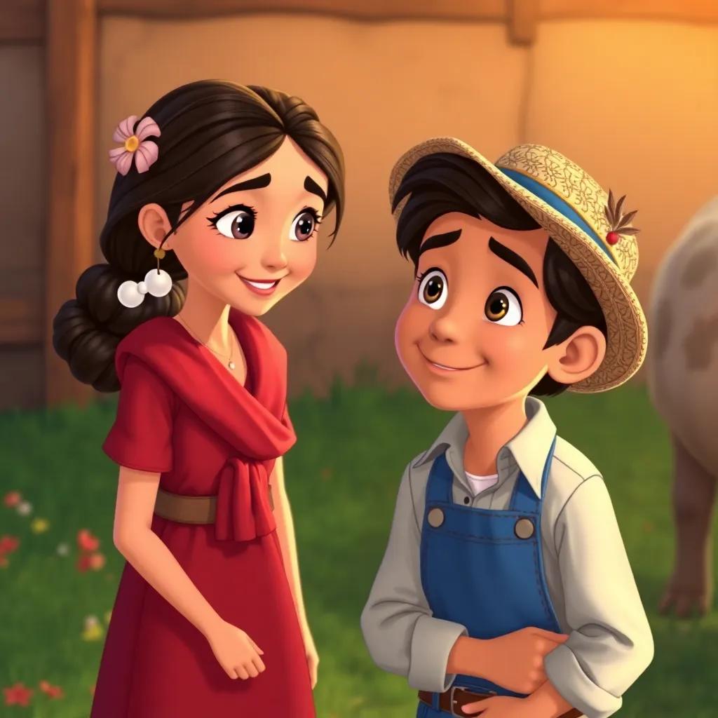 Clara sharing her life on the farm with Carlos, who looks eager and curious, illustrated in a warm tones, creating a friendly and inviting atmosphere, high quality.