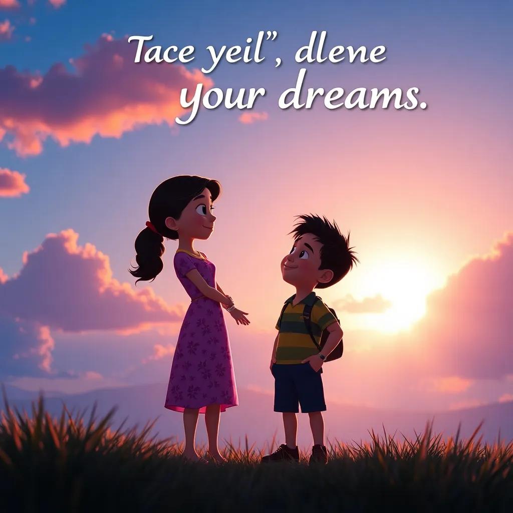 Clara encouraging Carlos to follow his dreams with a bright sunset in the background, showcasing freedom and hope, vibrant colors, inspirational tone, high quality.