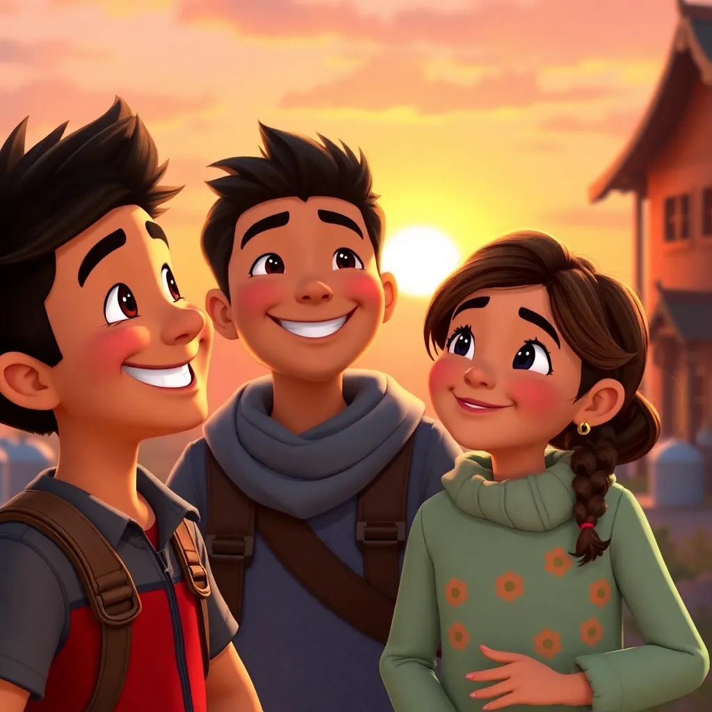 Carlos smiling with excitement, planning more adventures with Clara as the sun sets behind them, warm colors, joyful spirit, friendly atmosphere, child-friendly.