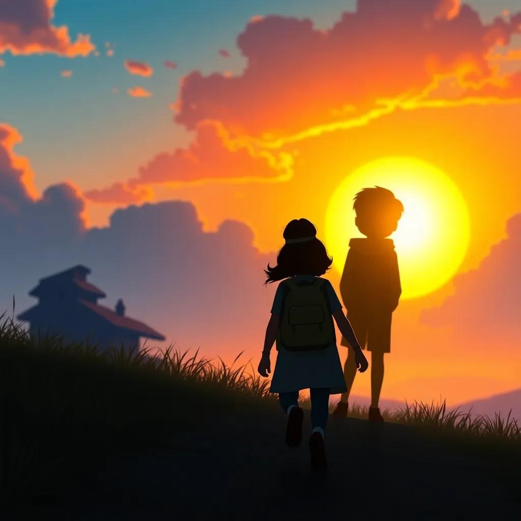 A scenic view of Clara heading home as the sun sets, a silhouette of Carlos in the background, evoking a sense of adventure and promise, peaceful imagery, high quality.