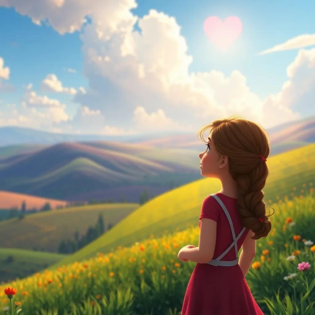 Clara, with a hopeful heart, looking back at the fields as she heads home, thinking of her next adventure, stunning landscape, vibrant colors, joyful tone, high quality.