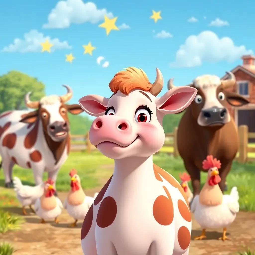Lila, a dreaming cow, with a background of her friends, a bull named Rocco and a group of chickens in a farm setting, playful illustration, bright and inviting, joyful atmosphere, high-quality