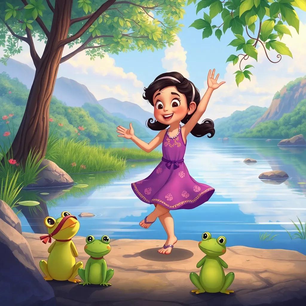 Lila practicing her dance moves by a river, looking at her reflection with excitement, with frogs watching and clapping, scenic illustration, colorful and lively, child-friendly, high-quality