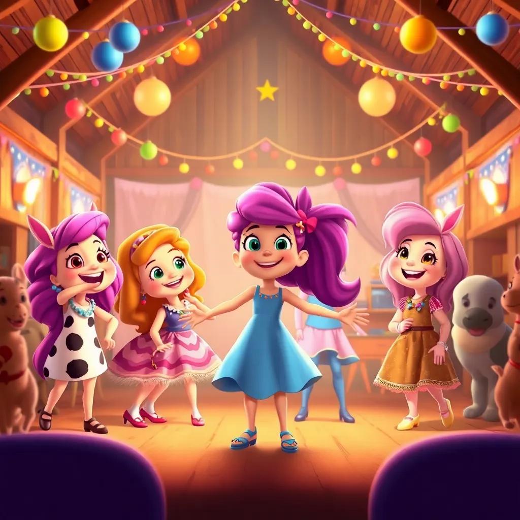 Lila and her friends preparing for a dance show, filling the barn with excitement, with colorful decorations and joyful expressions, warm colors, friendly tone, high-quality