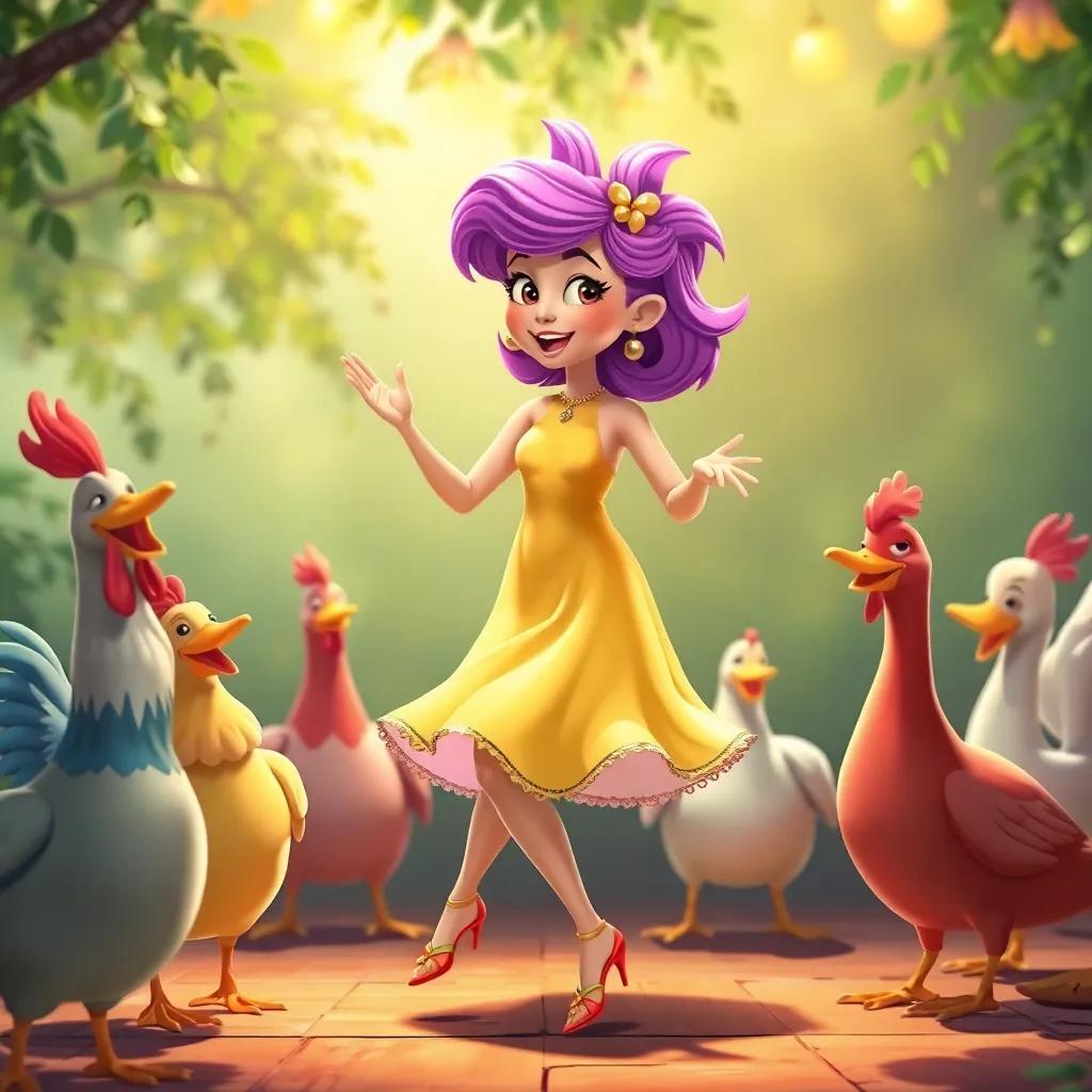 Lila dancing gracefully, surrounded by her friends the chickens singing and the ducks performing, lively atmosphere with joyful energy, colorful illustration, high-quality