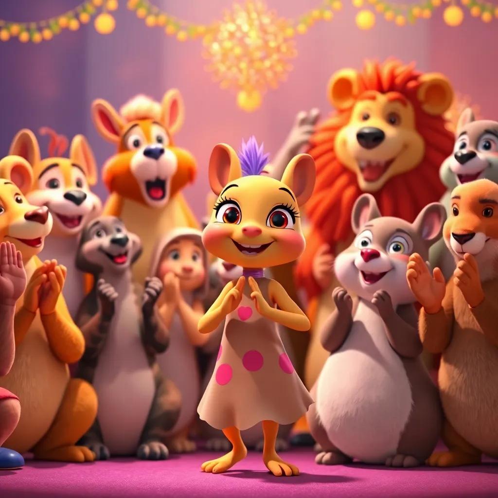 Animals cheering and clapping after Lila's dance performance, expressions of happiness and joy, celebrating her talent, bright colors, festive atmosphere, high-quality