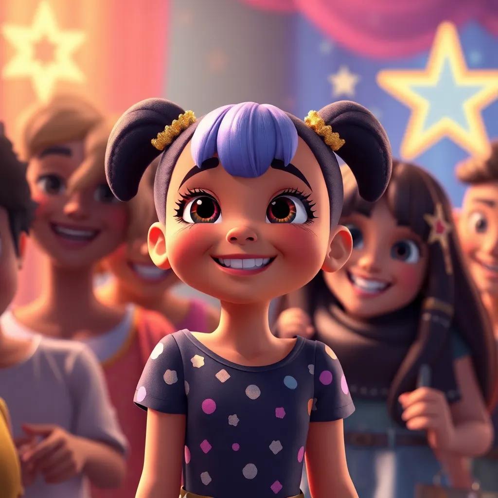 Lila feeling proud and happy after her performance, with friends around her, feeling like a star, colorful and warm scene, high-quality