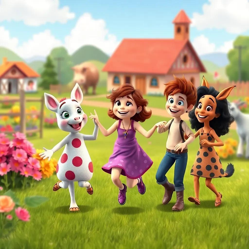 Lila and her friends continuing to dance together happily, enjoying their friendship and creativity, colorful farm background, joyful and inviting, high-quality
