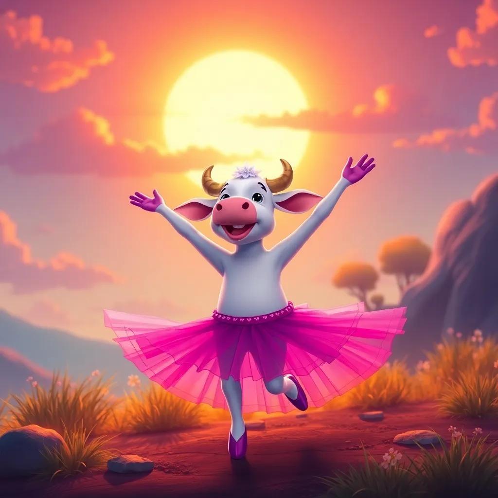 Lila the cow living joyful adventures as a ballerina, dancing under a sunset, exploring new dreams with her friends, magical and vibrant, high-quality
