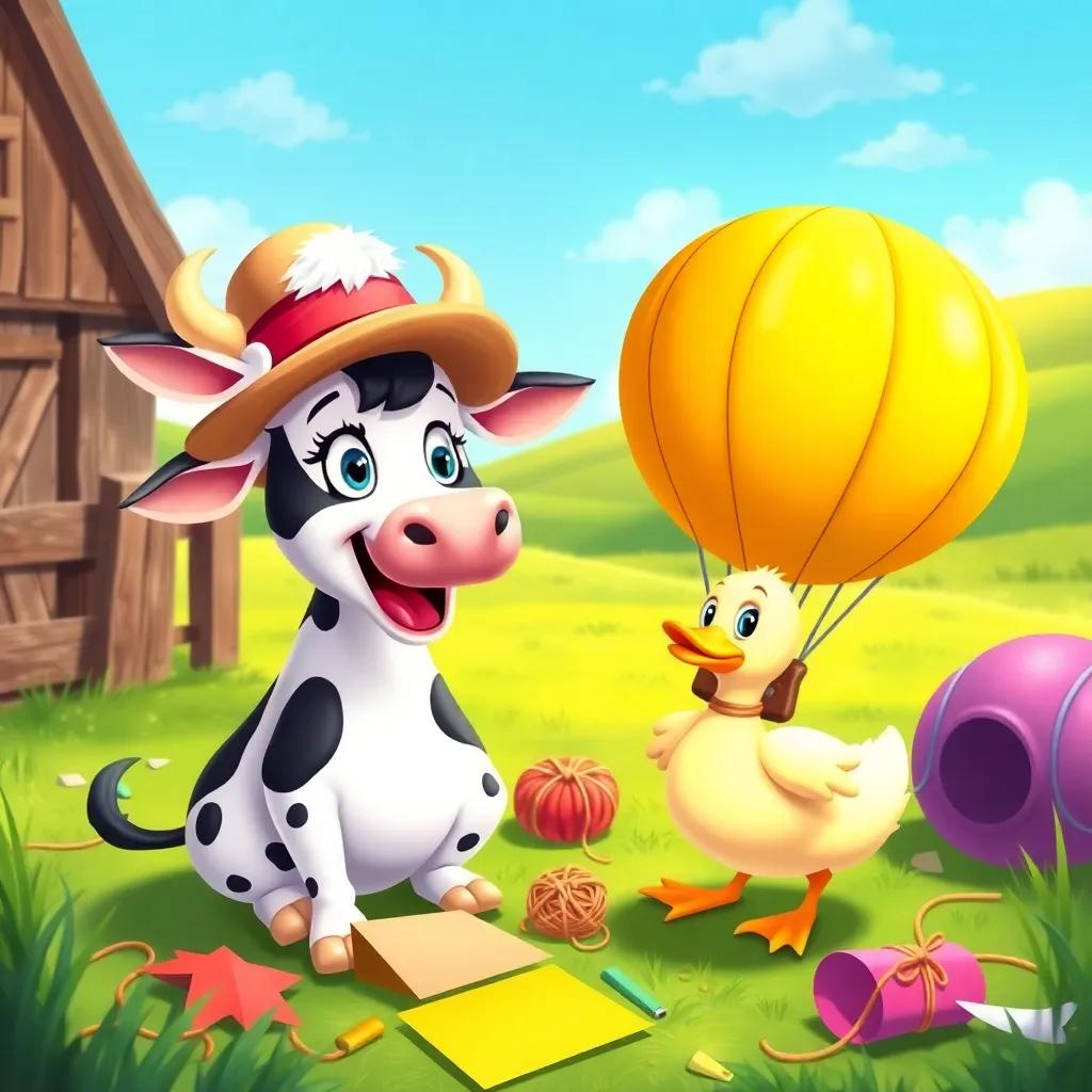 Matilda the cow, excited with her friend Pablo the duck, wearing a little hat, planning to build a hot air balloon, colorful paper and twine scattered around, friendly farm setting, illustration, playful, vibrant colors, high quality