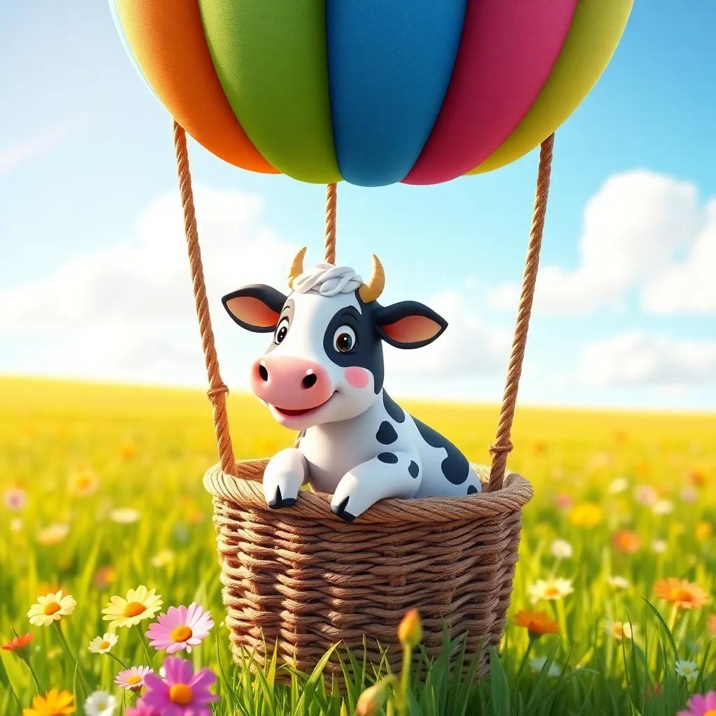 A colorful hot air balloon made of paper and twine, in a sunny field, Matilda the cow is inside the basket looking happy, surrounded by flowers and green grass, bright colors, cheerful, youthful design, digital painting, high quality