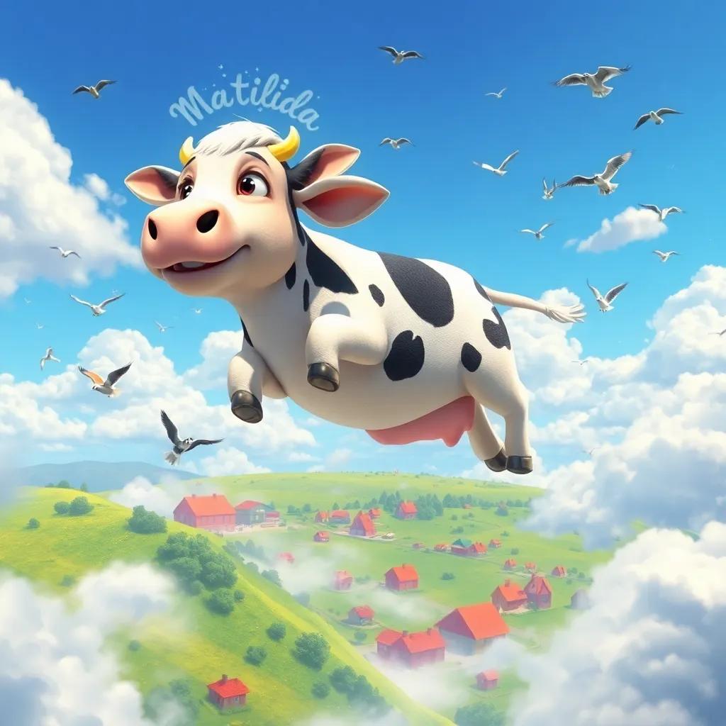 Matilda the cow soaring high in the sky, looking down at the small colorful farm below, flocks of birds flying around, clear blue sky with fluffy clouds, magical and uplifting atmosphere, digital art, vibrant colors, high quality