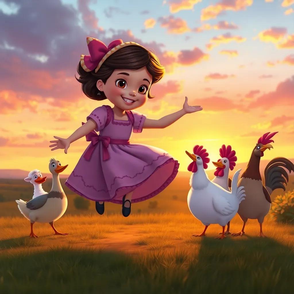 Matilda landing down with her friends cheering, along with Pablo the duck, Sofía the sheep, and Ramón the rooster celebrating her flight, a colorful sunset in the background, heartwarming atmosphere, digital illustration, joyful scene, high quality