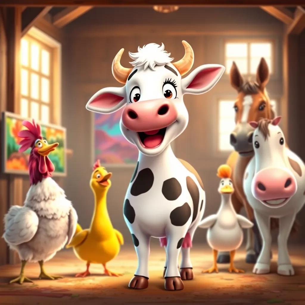 Lola the cow, excited, surrounded by her friends: a curious chicken, a friendly duck, and a gentle horse, all amazed by her colorful paintings, standing in the barn with animal friends, warm light, cheerful mood, colorful illustration, high quality