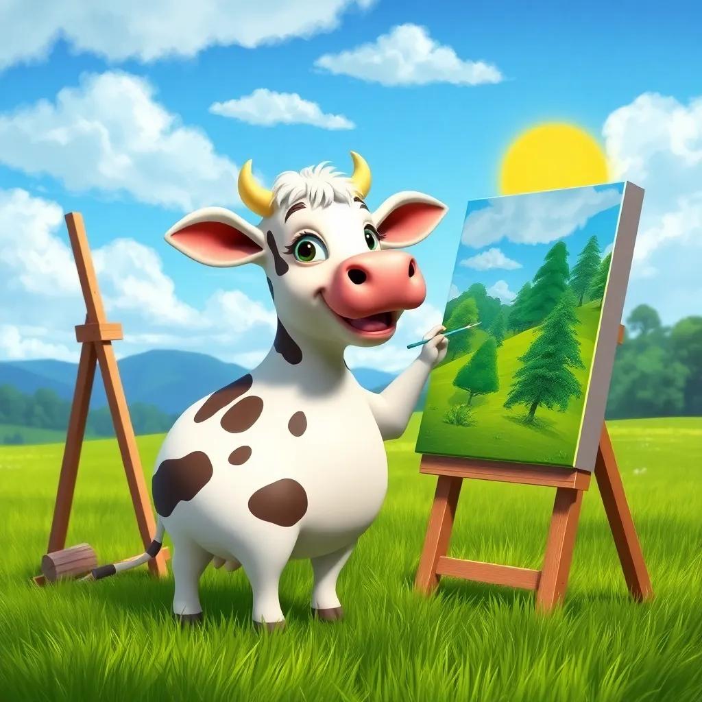 Lola the cow gracefully painting a beautiful landscape, using bright colors: blue sky, green trees, and a yellow sun, on a canvas in the green field, joyful and focused, digital painting, lively colors, nature scenery, high quality