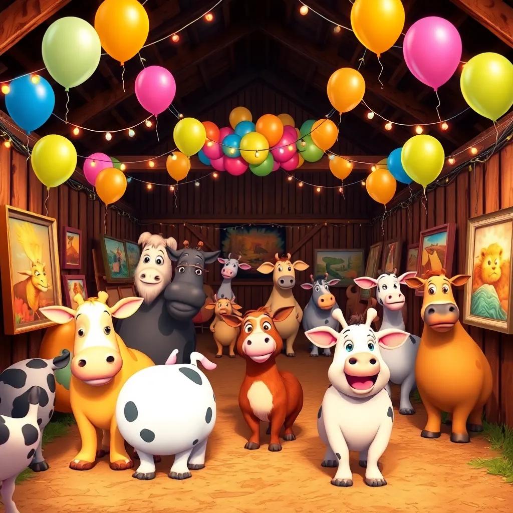 The animals arriving for the art exhibition in the barn, decorated with colorful balloons, lights, and art pieces displayed proudly, excitement in the air, rich colors, happy atmosphere, digital art, delightful