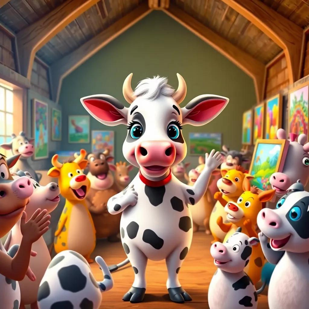 Lola the cow presenting her paintings, surrounded by amazed animals clapping and celebrating, with colorful artwork on display, the barn full of joy and creativity, cheerful, digital art, lively perspective, high quality