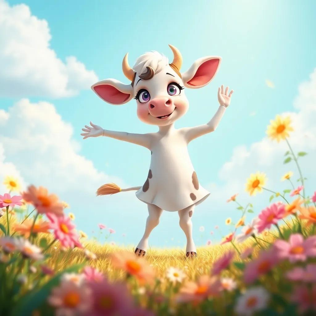 A cow named Clara dreaming of being a dancer in a bright field with flowers, whimsical style, digital art, sunny and vibrant colors, joyful atmosphere, high quality