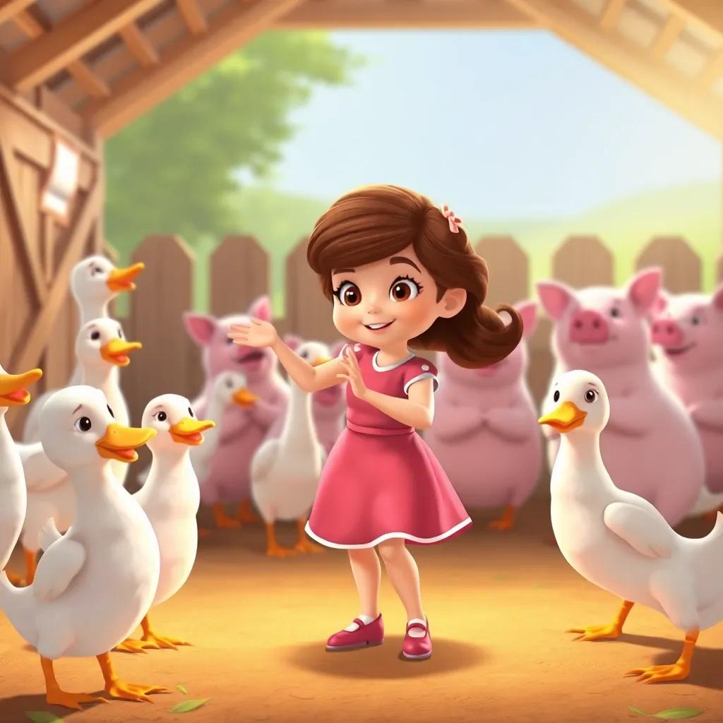 Clara practicing dancing with her friends, ducks and pigs cheering her on in the barnyard, cartoon style, warm light, cheerful colors, caring atmosphere, high quality