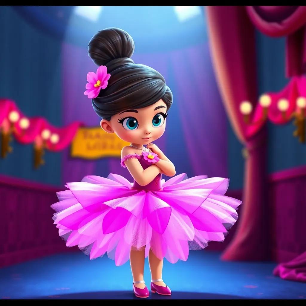 Clara with a flower tutu, preparing for a big dance show, standing backstage with determination in her eyes, bright colors, charming environment, high quality