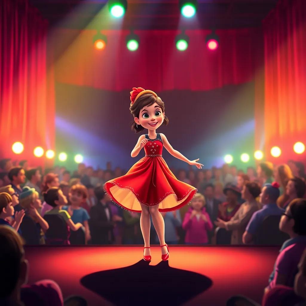Clara on stage, dancing her heart out, surrounded by an amazed audience, colorful stage lights, lively colors, joyful perspective, high quality