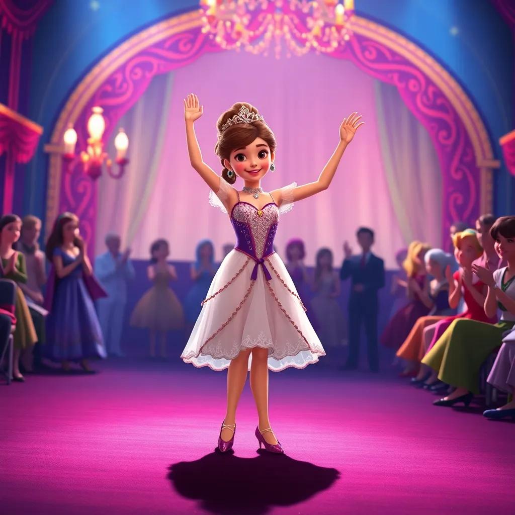 Clara finishing her dance with a grand pose, receiving applause from the audience, with her friends celebrating in the background, vivid colors, uplifting atmosphere, high quality