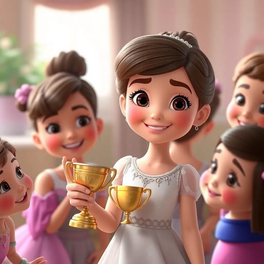 Clara looking proud and happy, surrounded by her friends, with a little trophy for her dance performance, soft colors, heartwarming environment, high quality