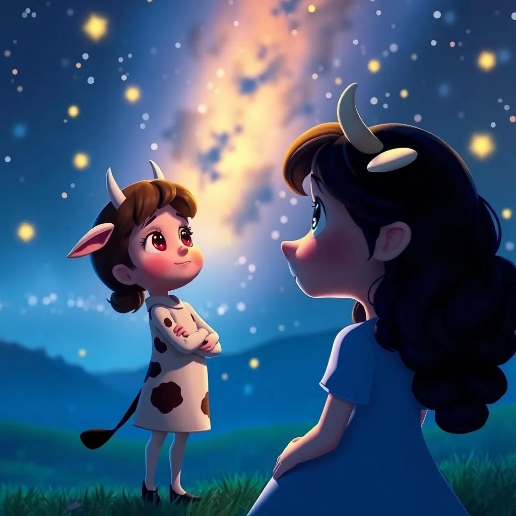 Clara reminiscing about the day she became the dancing cow, looking at the stars with a sense of accomplishment, dreamy colors, peaceful night scene, high quality