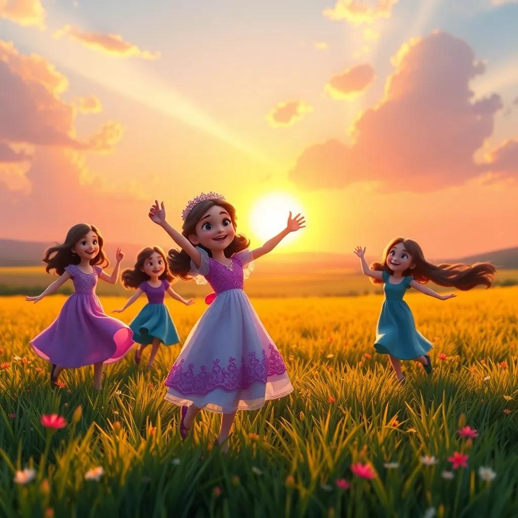 Clara dancing happily in the field, with her friends joining her, celebrating their friendship and dreams under a beautiful sunset, cheerful colors, joyful atmosphere, high quality