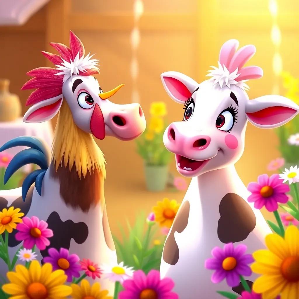Lila the cow looking excitedly at her friend the rooster, who is singing, surrounded by colorful flowers, warm light, friendly farm environment, illustration, joyful interaction, high detail, child-friendly
