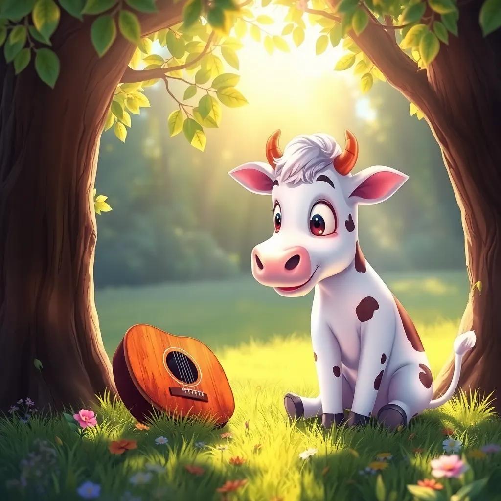 Lila the cow finding an old guitar under a tree, her expression filled with wonder, soft sunshine filtering through leaves, magical feel, colorful illustration, delightful scenery, high quality