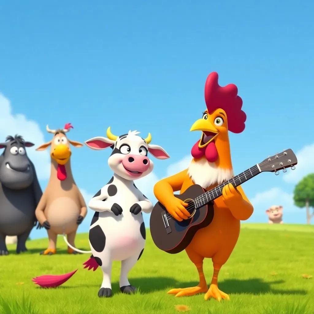 Lila the cow and the rooster practicing guitar together, with other animals watching, smiles on their faces, sunny day with blue sky, bright colors, whimsical, cheerful mood, high quality illustration